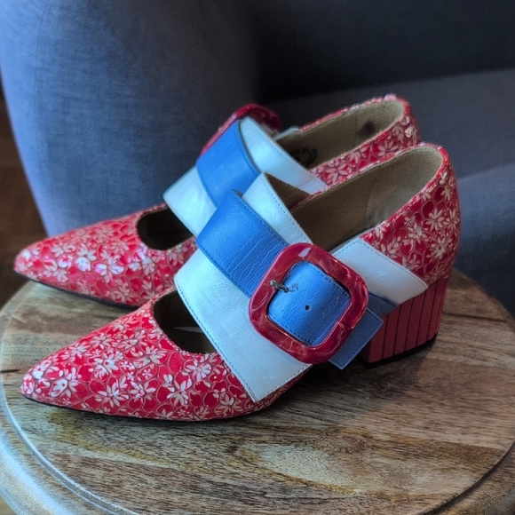 John Fluevog Shoes - John Fluevog "Effortless Felicity" vintage inspired Mary Jane heels in FloralRed